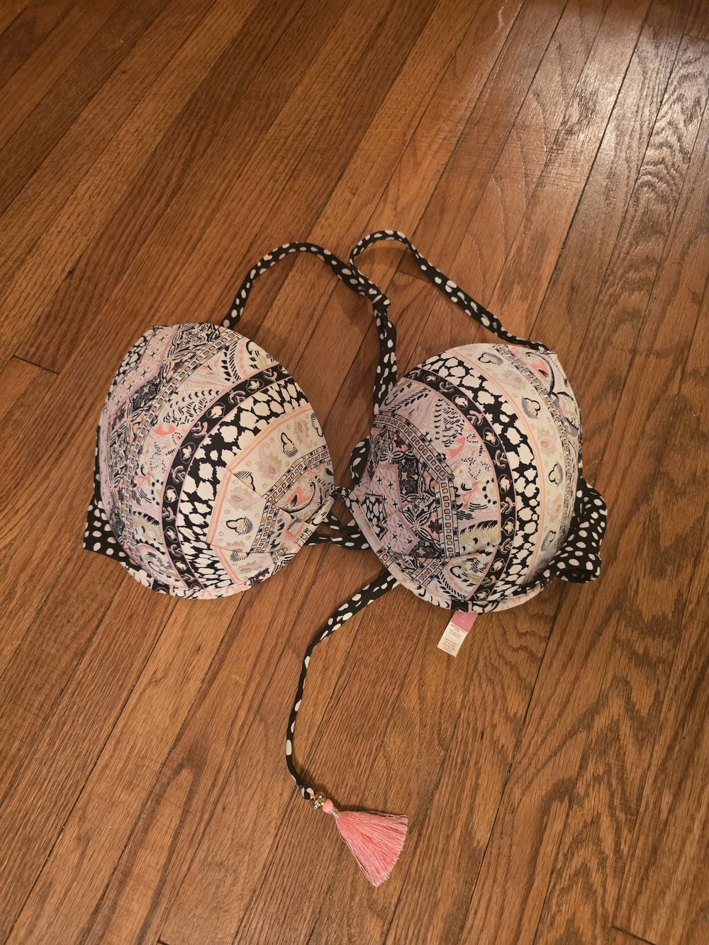 Victoria's Secret Pink & Black Printed Push-Up Bikini Top with Tassel